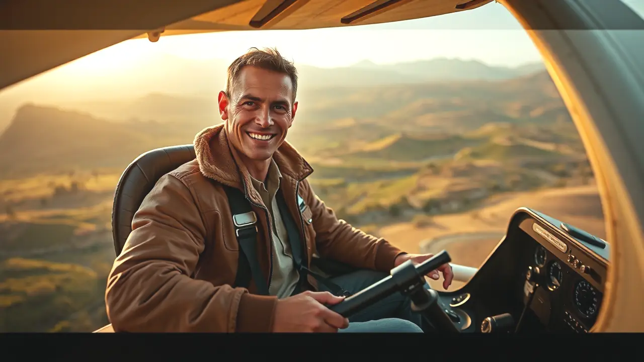Un hombre aventurero controla su avión en la montaña