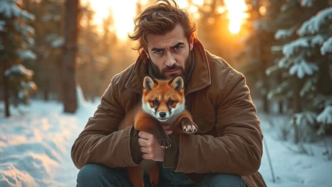 Un hombre robusto sostiene cachorros en bosque nevado