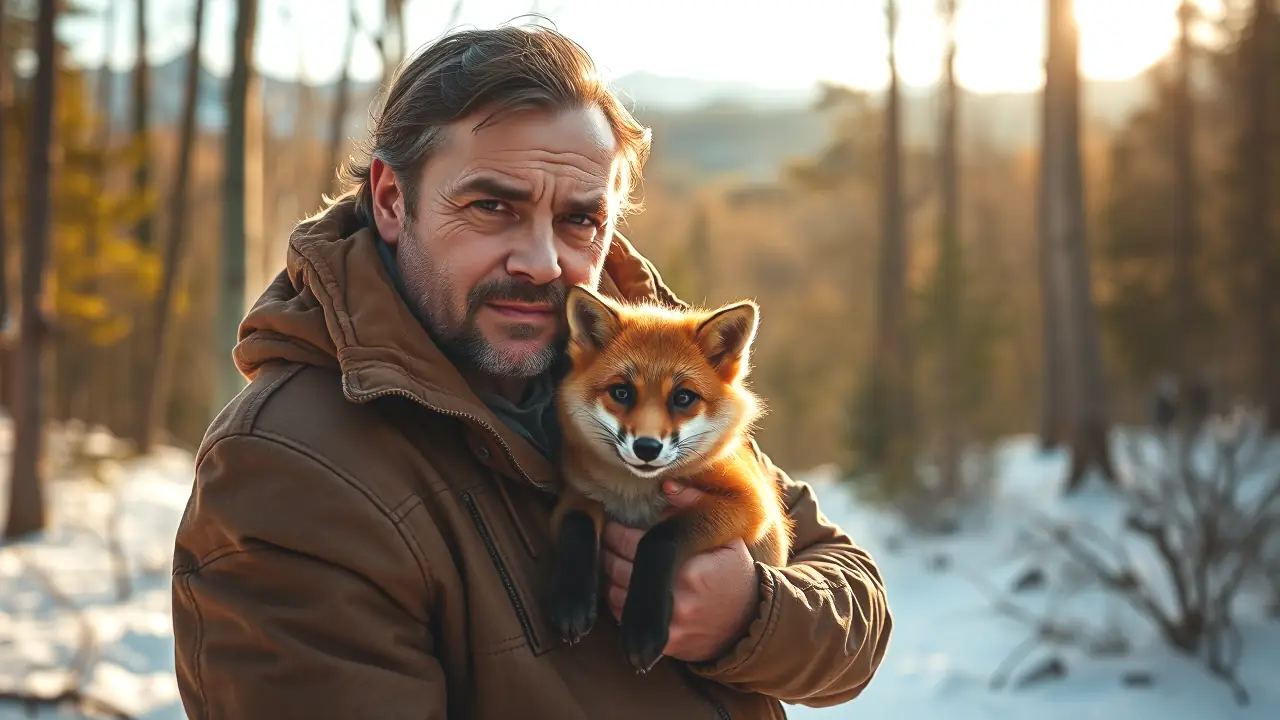 Un hombre pensativo sostiene un zorro en bosque