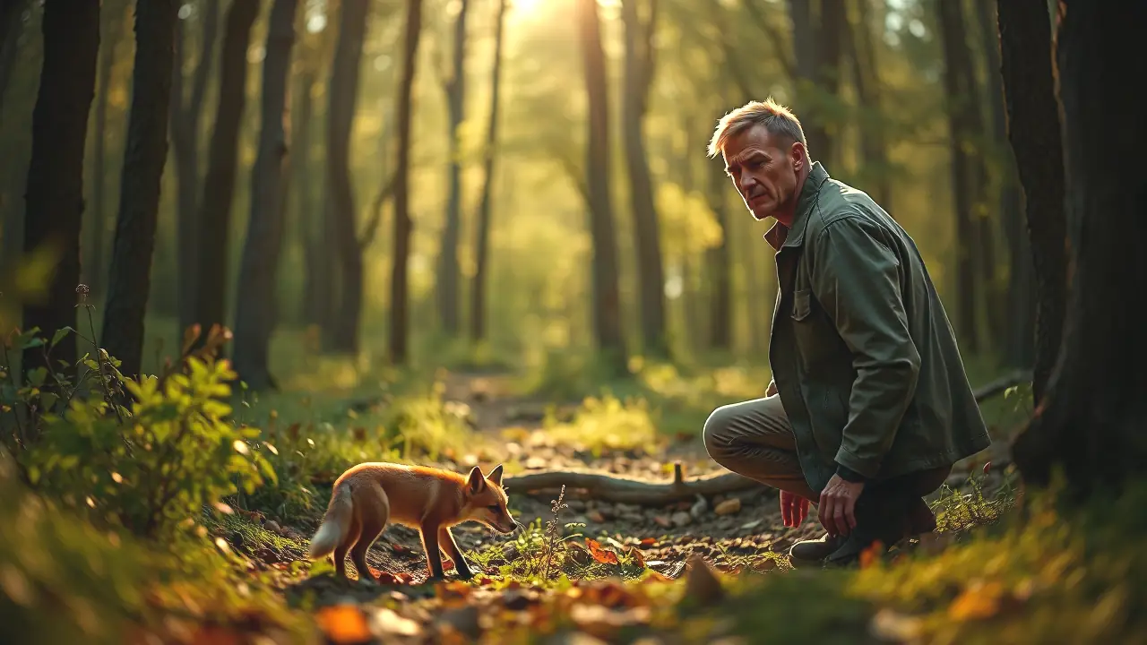 Un hombre observa a un zorro en bosque