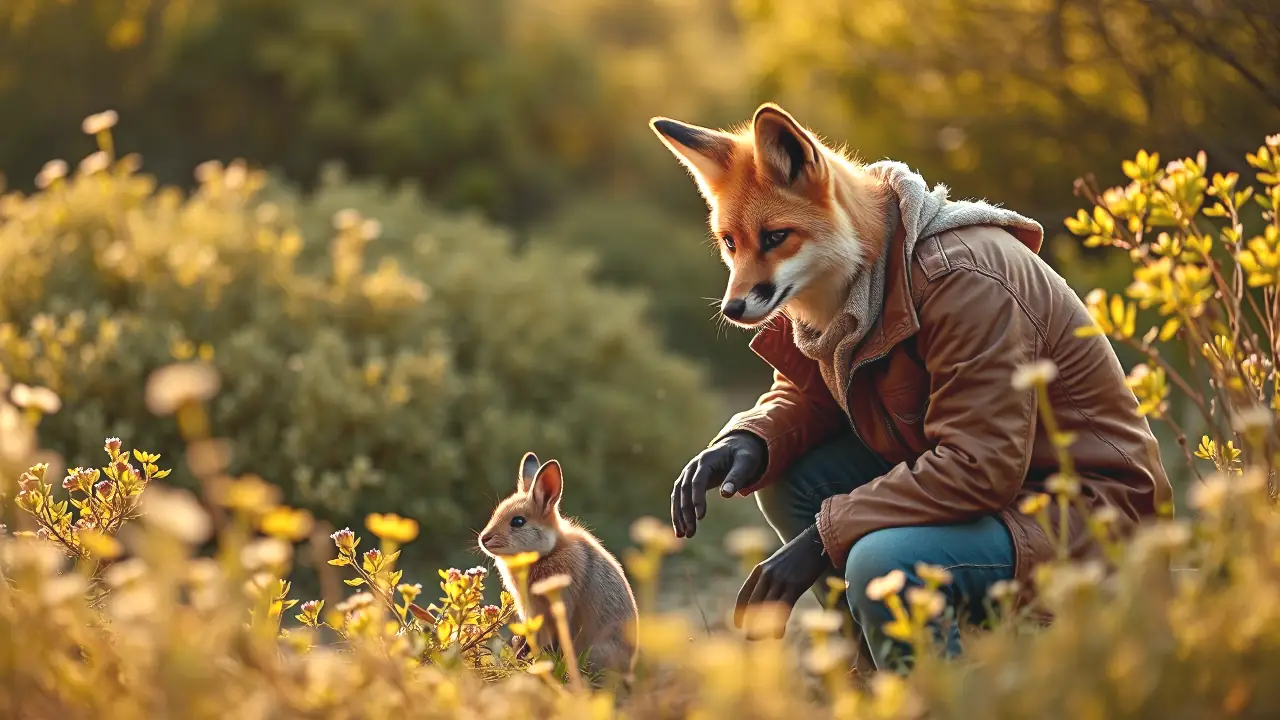 Un fox pensativo observa un conejo en la luz dorada