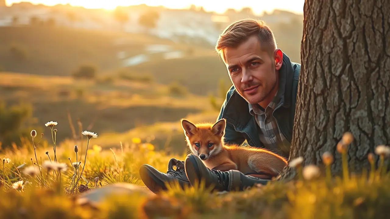 Un hombre pensativo observa a un zorro en España
