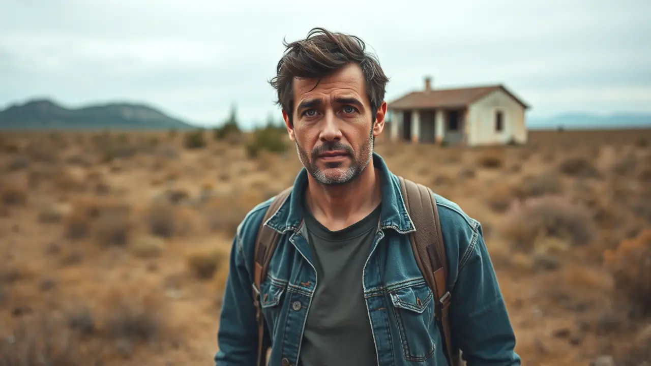 Un hombre cansado busca en el desierto